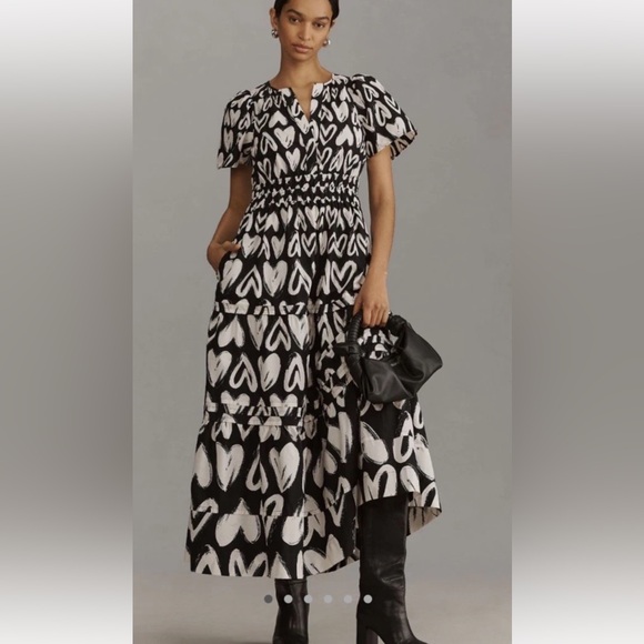 Anthropologie Dresses & Skirts - Anthropologie The Somerset Maxi Dress Smocked Heart Edition Poplin Black White